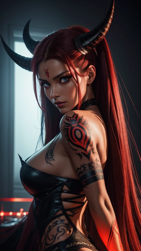 A photo-style, highly detailed, hyper-realistic extreme close-up view of a very beautiful and attractive demon woman, captured as if by a professional photographer. She has long, flowing hair with a dark, fiery color, and her eyes are glowing with an intense red hue. Her skin is human-toned, adorned with intricate, red neon markings and tattoos. She has sharp horns protruding from her forehead, and her wings are large, dark, and menacing. Her facial features are alluring and seductive. The image should have a Portra 400 film look, with an f/8 depth of field and a long focal length lens to capture the details and atmosphere, with professional lighting and composition techniques.