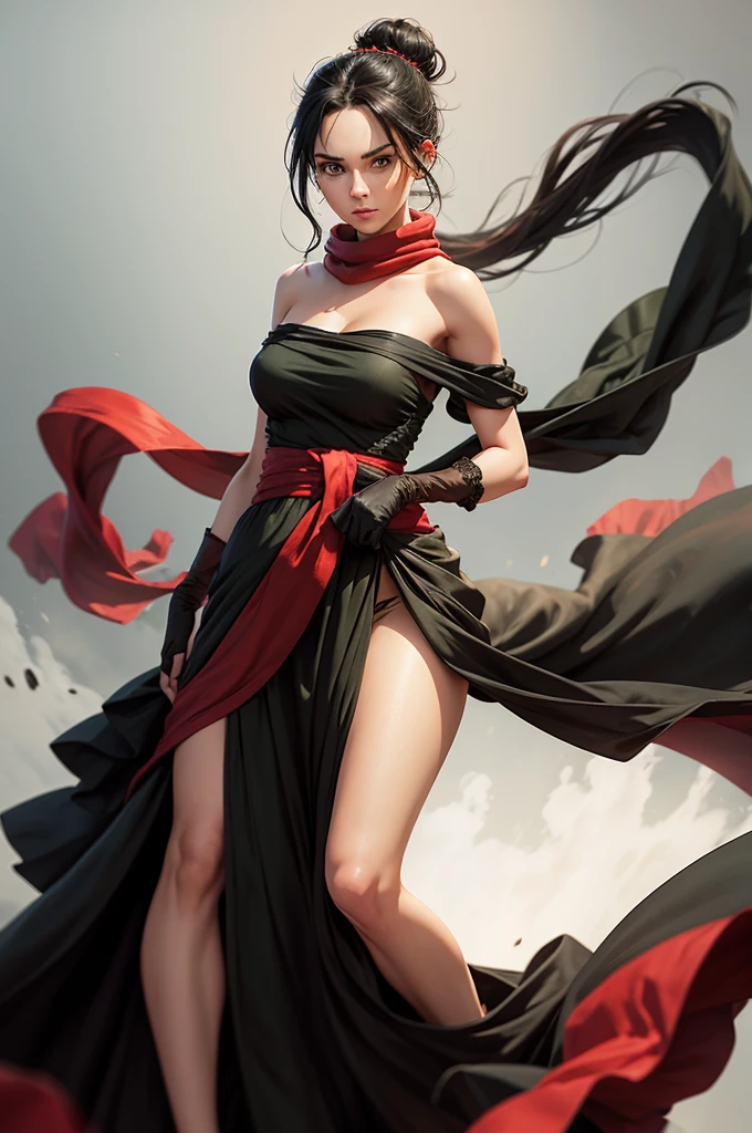 fullbody view, female, intense green eyes, black hair tied to a bun, strapless full dress, red scarf around her neck, flowy arm sleeves, silk gloves, a fabric is wrapped around her waist