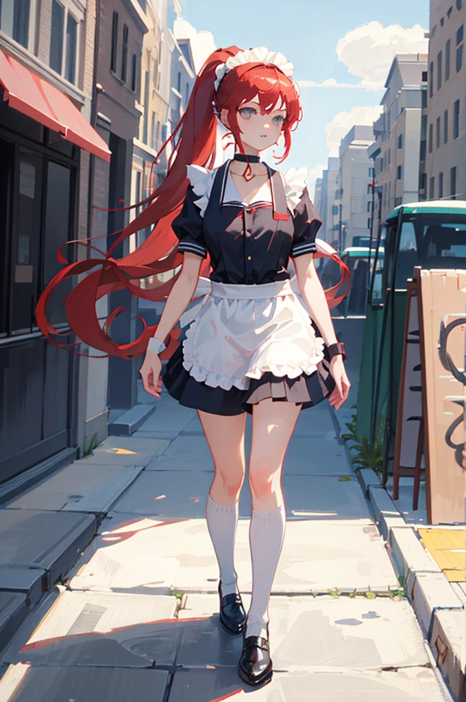 [[[[[[1 woman]]]]]] {{{ponytail hair}}},  long hair, red hair, gray eyes animation, Breasts slightly larger, medium hips, choker, shy, maid uniform, choker, standin, very detailed, 8k, Cafe Background