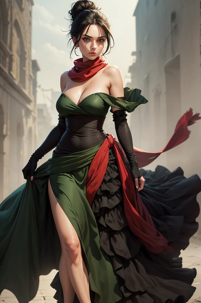 fullbody view, female, intense green eyes, black hair tied to a bun, strapless full dress, red scarf around her neck, flowy arm sleeves, silk gloves, a fabric is wrapped around her waist