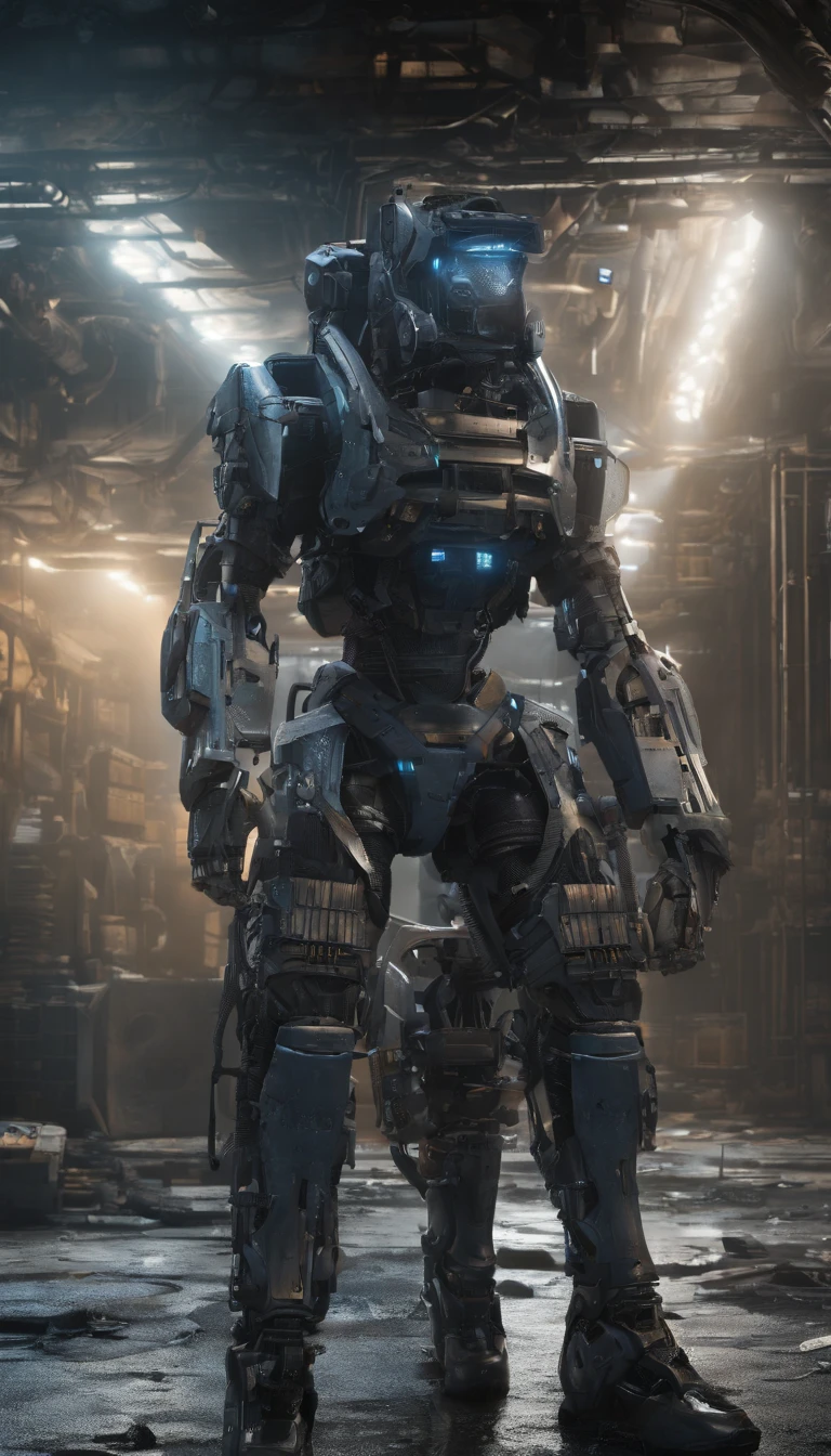 Full body shot, cyberpunk mechanical creature, highly detailed mechanical parts, fearsome yet alluring, police officer ceature, complex machinery, machinery creature, complex machinery, the terror of evildoers, urban cyberpunk landscape, neon lights, dramatic shadows, realistic 3D render, intricate gears and circuits, chrome plating, glowing blue energy, cybernetic enhancements, hyper-detailed texture, (best quality,4k,8k,highres,masterpiece:1.2),ultra-detailed,(realistic,photorealistic,photo-realistic:1.37),dystopian sci-fi,cinematic lighting,dramatic poses