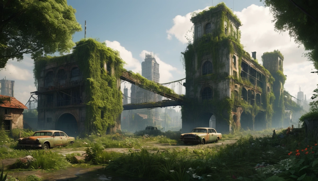 "Create a 3D animation of an abandoned metropolis (2022) in the style of Jakub Rozalski
* rusty airplane, overgrown with moss, showing signs of decay
* Intricate details, including texturing and modeling, in ultra-high quality
* Render the scene in 8K resolution (7680 x 4320 pixels) with extreme attention to detail
The metropolis should be overgrown with lush greenery, with vines and flowers, bridges covering the buildings and streets. Rusty cars should be in various states of disrepair, with visible corrosion and oxidation. Include subtle lighting and atmospheric effects to create a sense of depth and immersion.
deliver detailed, seamless, and high-quality 3D animation that meets these specifications."