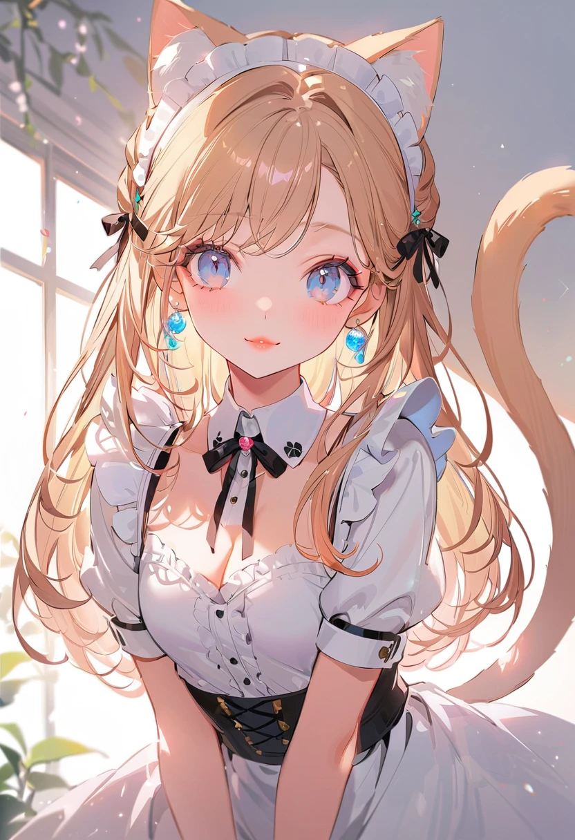 (Cat Maid:1.2),(Highest quality,Very detailed,High resolution:1.2),Beautiful girl with a perfect face,very_Long eyelashes, Detailed lips, A radiant smile, Soft Skin, Shiny Hair,Vibrant Background, Natural light,The cutest girl in the world,Exquisite makeup,Double Tail