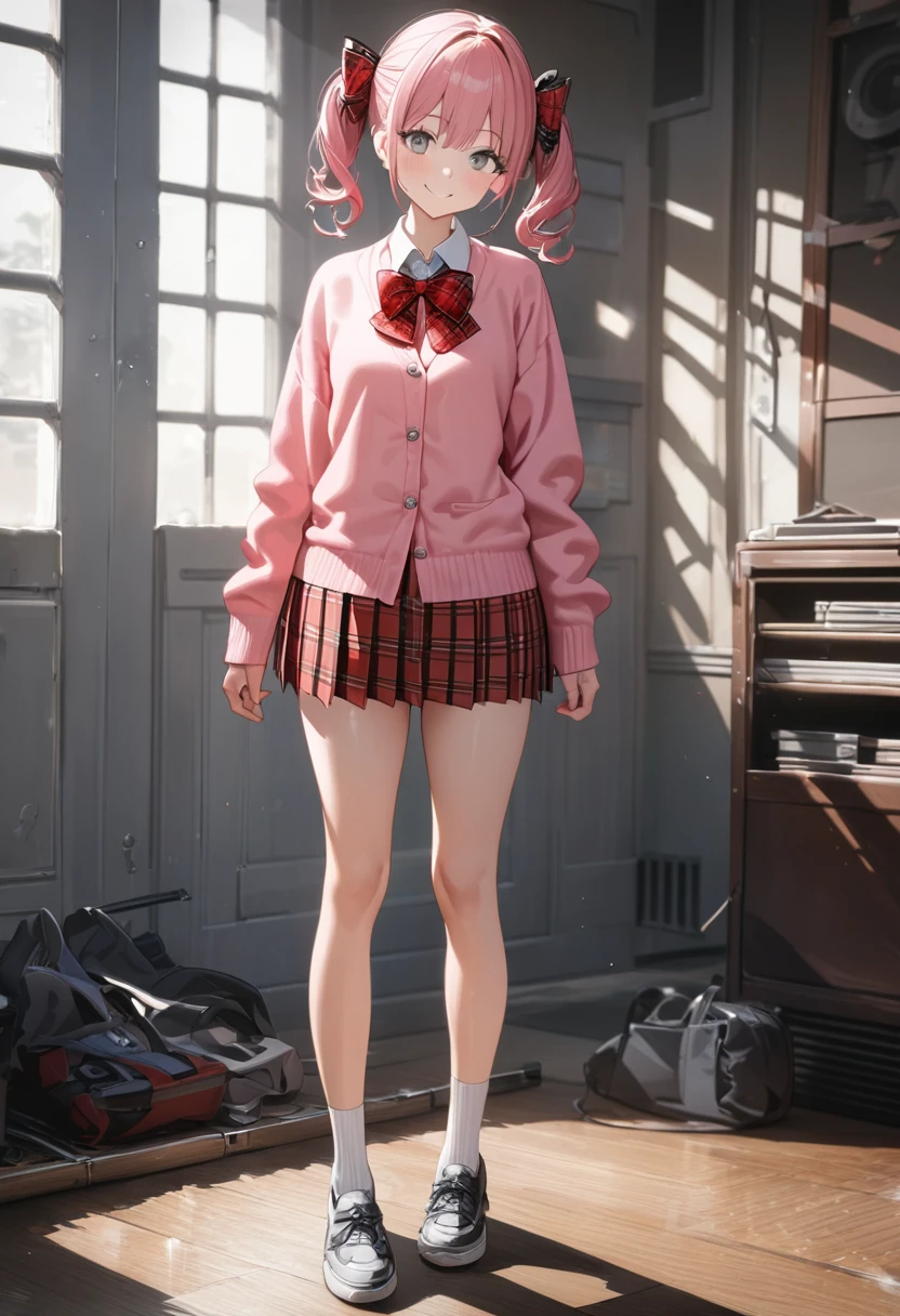 fullbody, standing, (master piece:1.4), (best quality:1.4), (ultra-detailed:1.4), (highres:1.4), (8k), (detailed light), ([[3d], (realistic): :0.49]:0.49), ([anime style:2d:0.49]:0.09), best quality, best quality, best quality, hires, full body, ((pink hair)), short hair, (twin tale)), ((grey eyes:1.3)), smile, (School Uniforms:1.2), (pink cardigan is fit body:1.4), ((do up a buttons, not loose):1.5), (inner wear is white collared-shirt:1.3), (red plaid-pattern bow:1.3), (red plaid-pattern pleated skirt:1.3), snerkers,