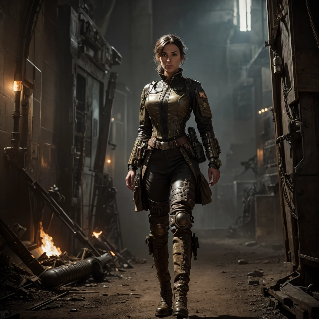 
a woman in futuristic steampunk military uniform in a battlefield with surreal and alien characters,hyper-realistic, cinematic, 8k, ultra-detailed, masterpiece, intricate-details, photo-realistic, first-floor