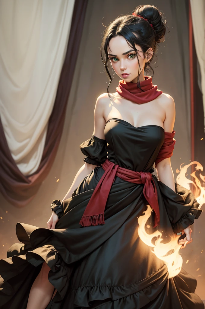 fullbody view, female, intense green eyes, black hair tied to a bun, strapless full dress, red scarf around her neck, flowy arm sleeves, silk gloves, a fabric is wrapped around her waist