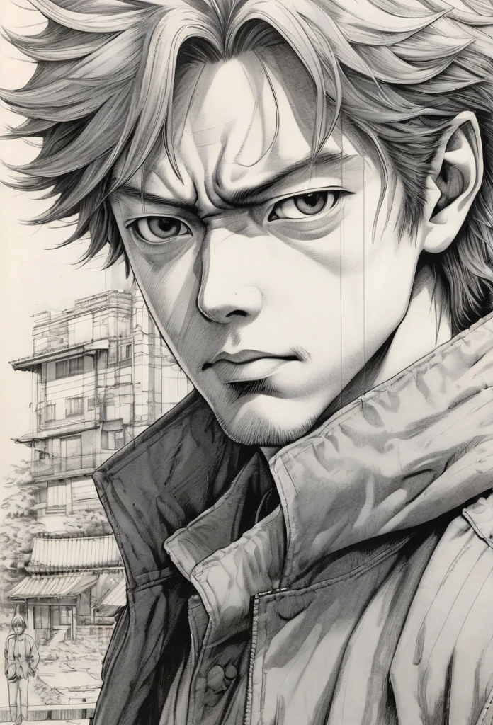 Anime line art, by Naoki Urasawa, sketch, best quality, masterpiece, very aesthetic, perfect composition, intricate details, ultra-detailed, B&W hombre