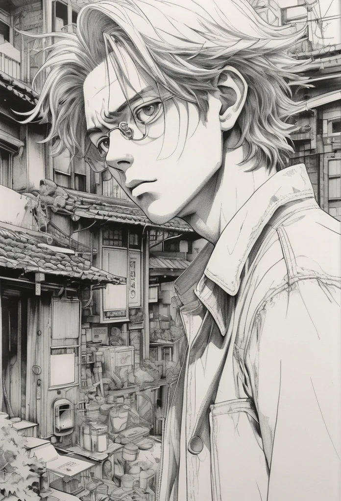 Anime line art, by Naoki Urasawa, sketch, best quality, masterpiece, very aesthetic, perfect composition, intricate details, ultra-detailed, B&W hombre