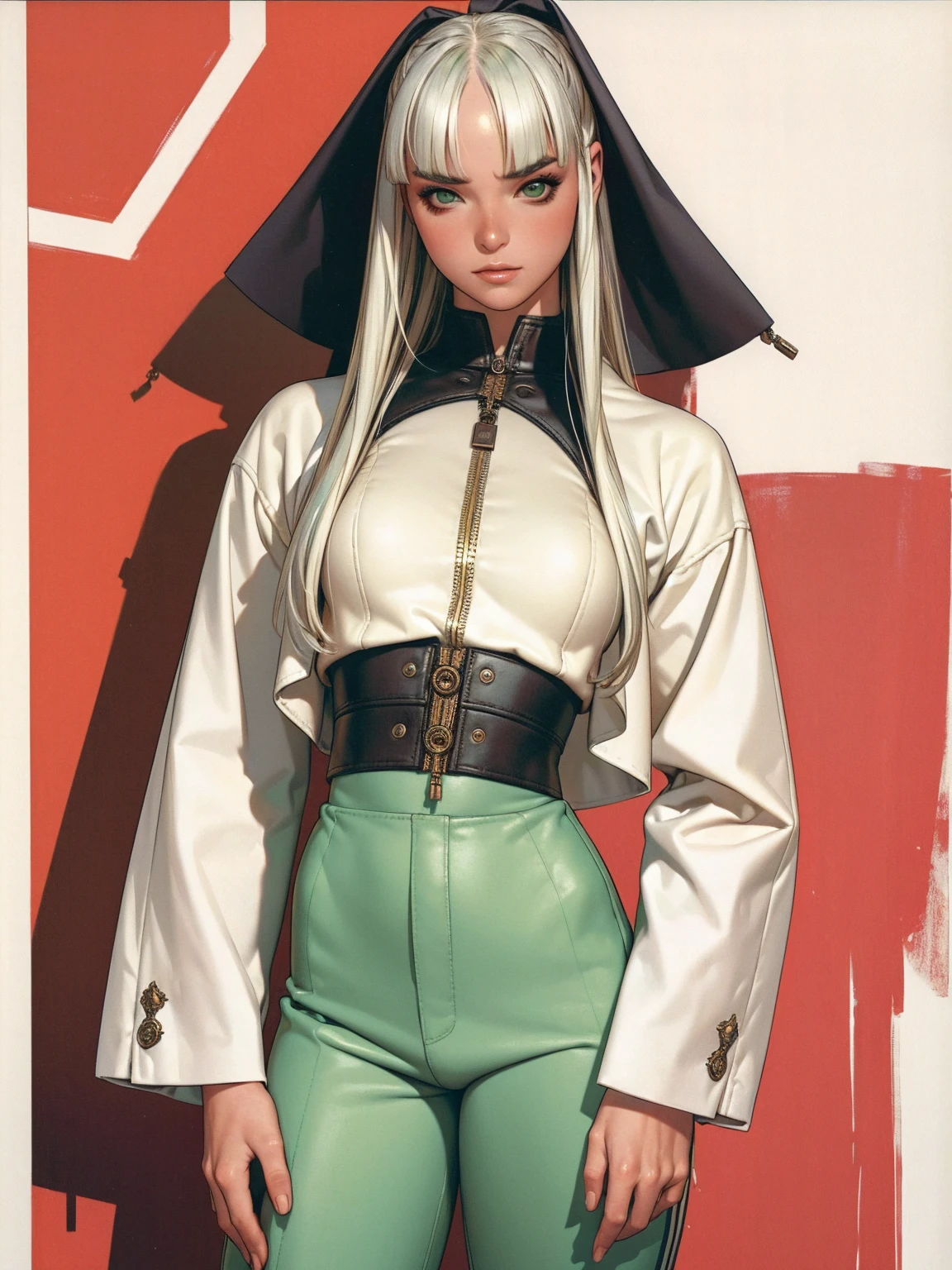 (best qualityer))), (((manga strokes))), (((long white hair with straight bangs and green highlights))), (((wide pants with 2 side stripes))), uma Kizi jovem muito bem vestida com roupas modernas de inverno, top gift vertical stripes, short jacket with dark fur collar, beautiful and expressive face, slightly-smile, big eyes with long black eyelashes, heavy make-up, chains and zippers spread across clothes, contrasting colours, pose de atitude, hair with a modern and futuristic cut, urban game poster art, dramatic camera angles, graffiti art elements in the background, design mixing contemporary and retro by Shepard Fairey, (((cowboy shot))), (((best qualityer: 1.4))), (Unbeatable masterpiece), (hiper HD),(CG 8k hyper-realistic), Kizi, (((standing alone))), pirralha violent, ((())), sexly, pose de atitude, work of art, post-apocalypse, (((manga style))), bounty hunter, violent, Manic, the way you want, slenderbody, thin but strong, perfectbody, roupa moderna, advanced technology, neon, sleeves with vertical striped pattern, neutral background, (( cowboy shot )). intricate visual