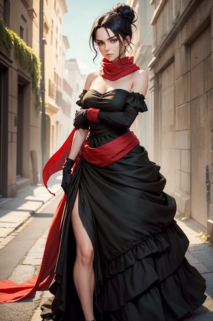 fullbody view, female, intense green eyes, black hair tied to a bun, strapless full dress, red scarf around her neck, flowy arm sleeves, silk gloves, a fabric is wrapped around her waist