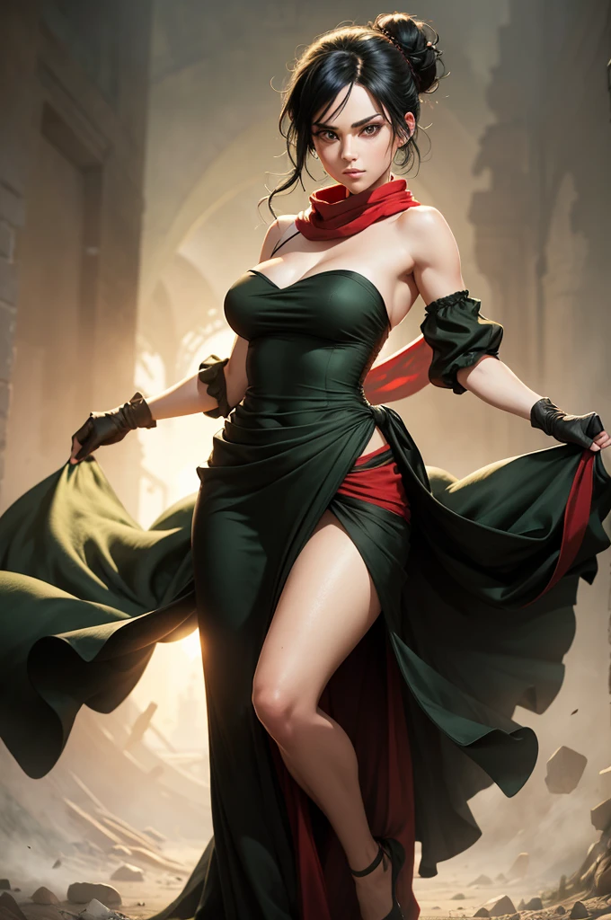 fullbody view, female, intense green eyes, black hair tied to a bun, strapless full dress, red scarf around her neck, flowy arm sleeves, silk gloves, a fabric is wrapped around her waist