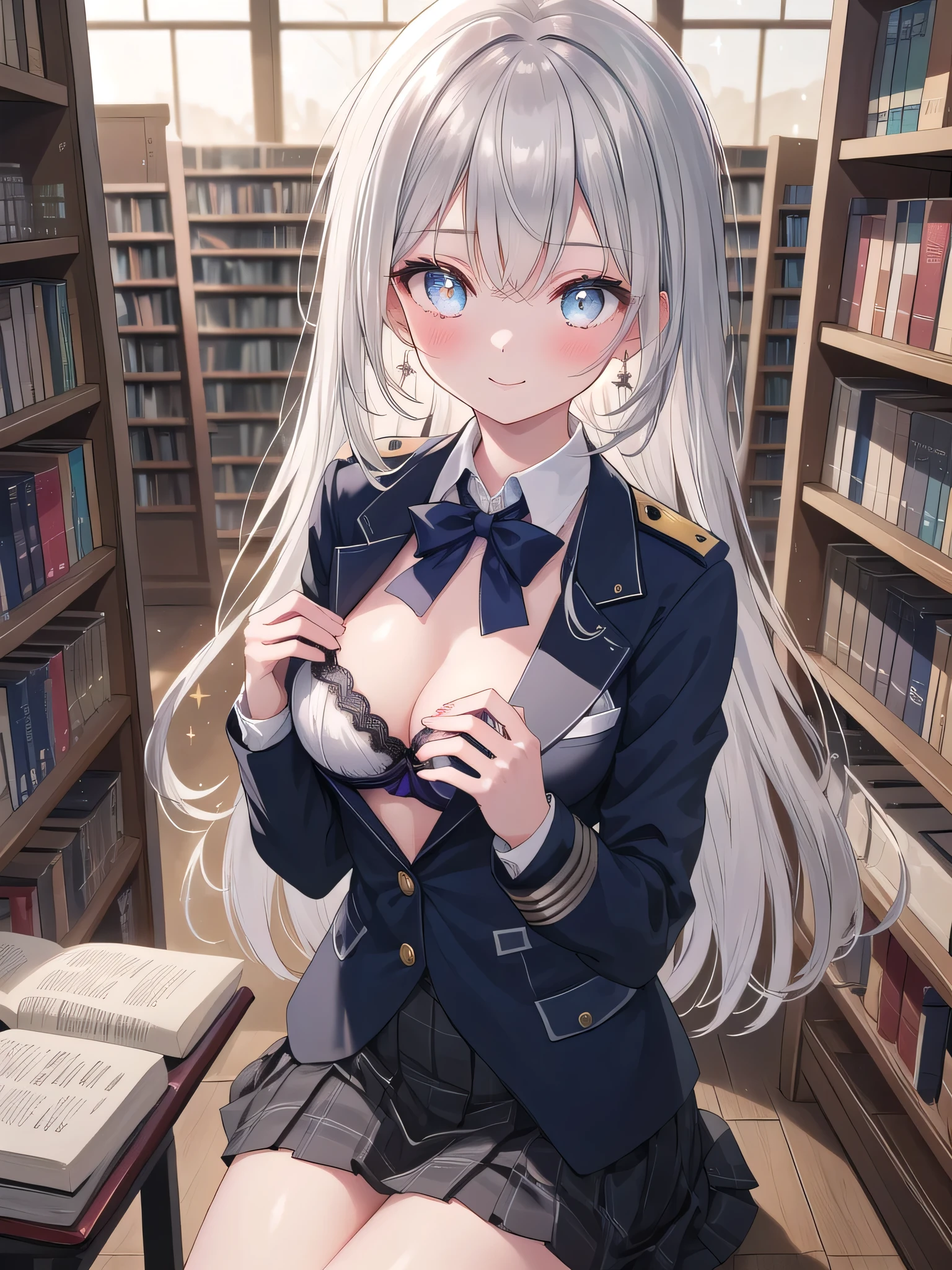 (8K, Best Quality, Masterpiece:1.3)), Ultra High Resolution, (1 Girl, 1 Person), (Color Changing Eyes, Super Detailed, Expressive Sparkle, Sparkling, Glowing Eyes), Highly Detailed Eyes, Highly Detailed Face, Random Hair, (Silver Gray Color), "Woman Wearing a Uniform with a Low-cut Neckline". The background is a library, a calm space featuring shelves of books and a quiet reading area. The library's soft indirect lighting creates a calming atmosphere. The woman is captured at an angle from above, with her long, straight, silver hair hanging down.

She is wearing a navy uniform blazer with a low-cut neckline. The V-shaped cut of the blazer accentuates her chest, and a simple white bra is glimpsed underneath. The lace details of the bra are faintly visible, and the fabric of the blazer is slim-fitting. The skirt of the uniform is below the knee, with a little of the skirt peeking out from under the blazer.

She is wearing an intelligent smile, with a slight blush on her face. Her figure blends in with the tranquil atmosphere of the library, and the subdued light in the background adds a gentle glow to the whole look.