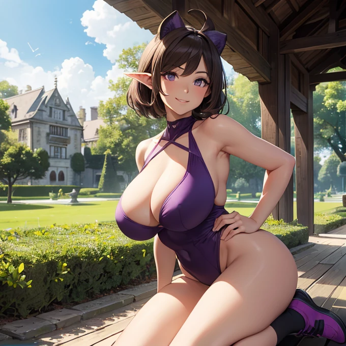 (absurdres, best high quality image, carefuly detailed features and textures, very detailed image, solo character alone, front character view): {{(1character: 900 years old elf noble mature beautiful milf), (dark brown short spiky hair with ahoge, fair skin, purple eyes, brown eyebrows, absolute feminine elder beauty, beautiful and sexy features, huge breasts, tall voluptuous body, beautiful arms, beautiful legs, short pointy ears, beautiful hips, giant butt), (Purple one-piece fitness leotard, purple socks, purple runner shoes), (cheerful smile, cheerful face, cheerful expression, happy personality, toying and playful demeanor, confident pose, friendly), (Running at the castle's outside green garden, green woods, green trees, green flowers, sunny morning)}}