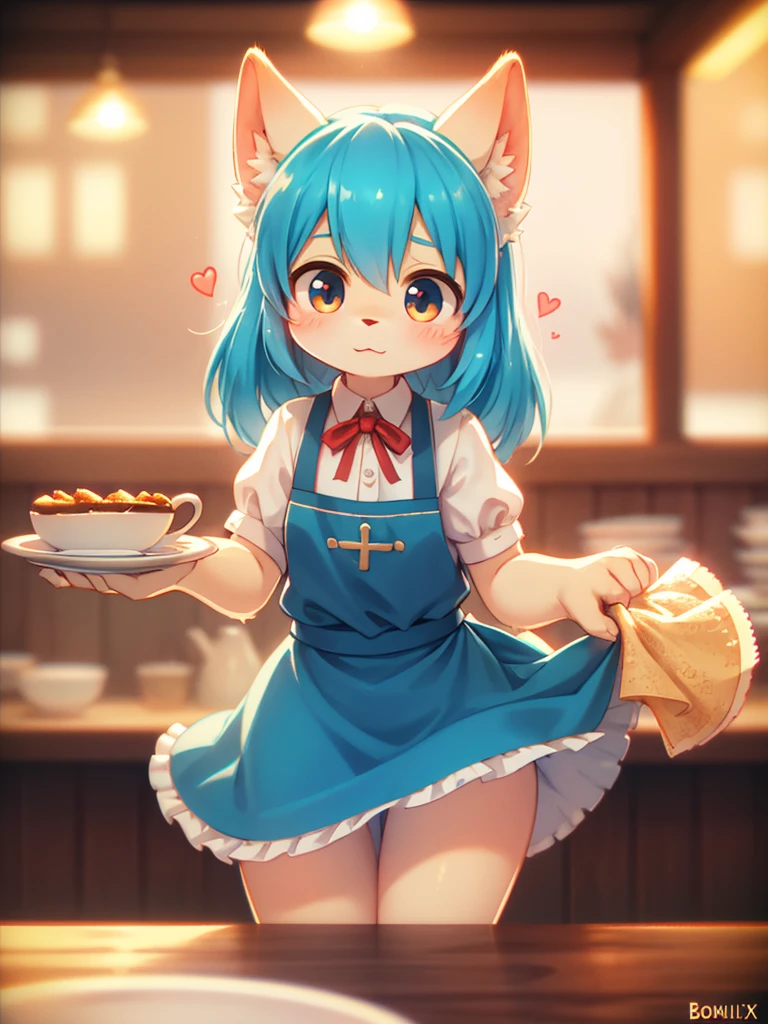 (Sumilux f1.4 50mm , low Latitude old color negative film , cross process , bokeh, flare, chromatic aberration , soft focus, (Shallow focus) , soft glow , Maximum aperture, low Key , Transparent depiction) , comedy cartoon style , coquettish , Clumsy Cafe clerk girl , blouse, apron, skirt , heart is beating fast with anticipation , Drop and break dishes