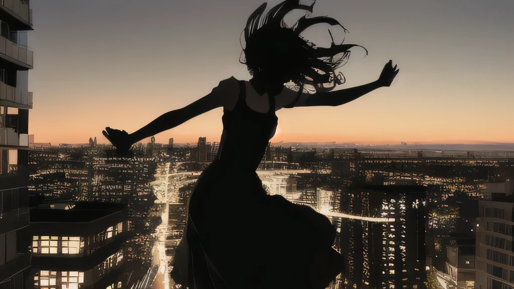 suicide　High-rise apartment building　Jumping　Black silhouette head down　Head over heels　midnight　Long exposure　Long skirt