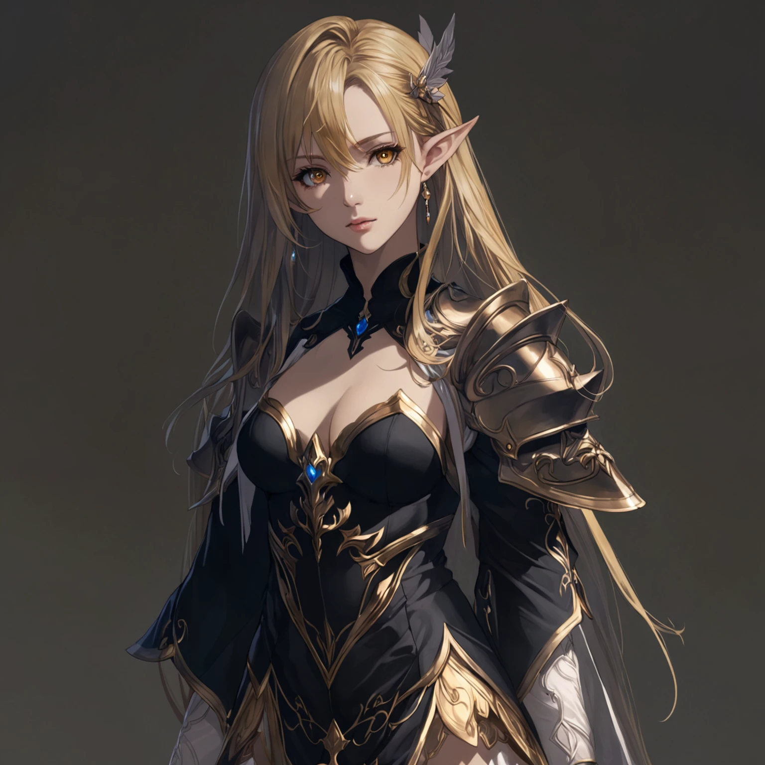 masterpiece, best quality, good quality, Fantasy aesthetics, Highly detailed, shadowverse style, white stocking, female, adult, elf, golden eyes, golden hair