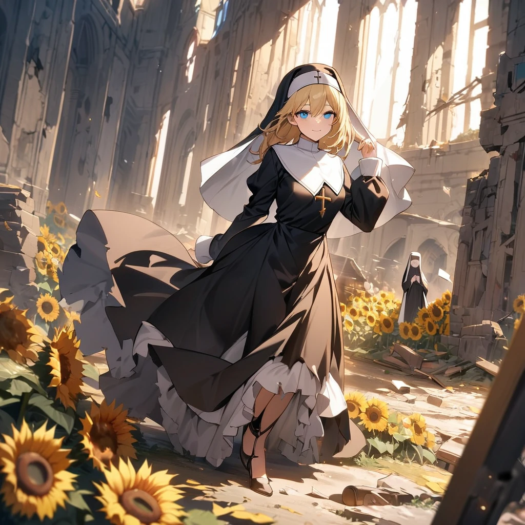 Best quality, masterpiece, high resolution, nun, blonde hair, blue eyes, damaged nun's robe, no matter how many times you fall down, you stand up with a smile, ruins, sunflowers