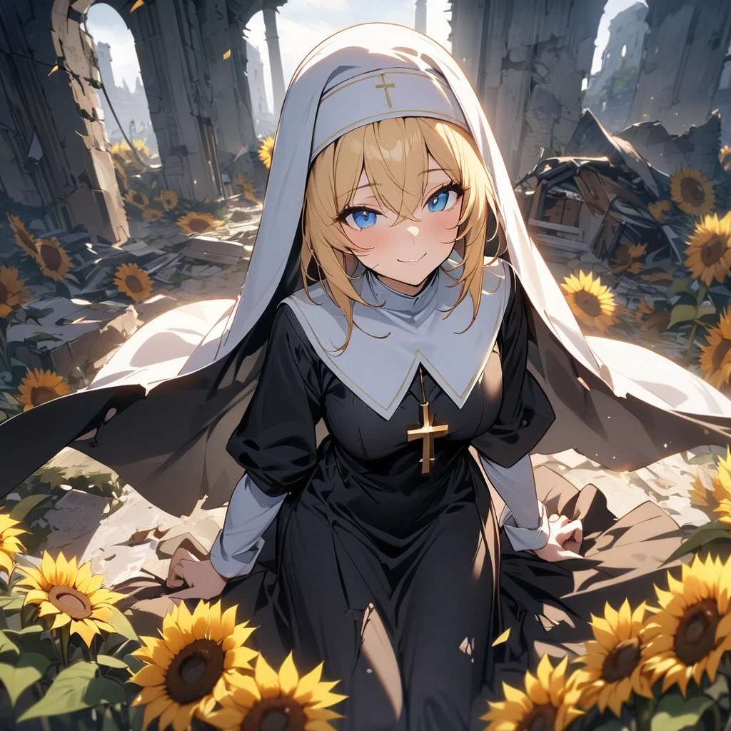 Best quality, masterpiece, high resolution, nun, blonde hair, blue eyes, damaged nun's robe, no matter how many times you fall down, you stand up with a smile, ruins, sunflowers