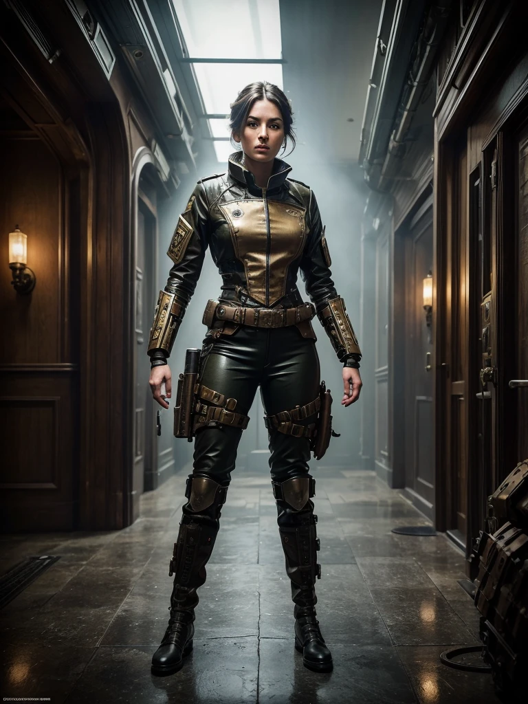 a woman in futuristic steampunk military uniform in a battlefield with surreal and alien characters,hyper-realistic, cinematic, 8k, ultra-detailed, masterpiece, intricate-details, photo-realistic, first-floor