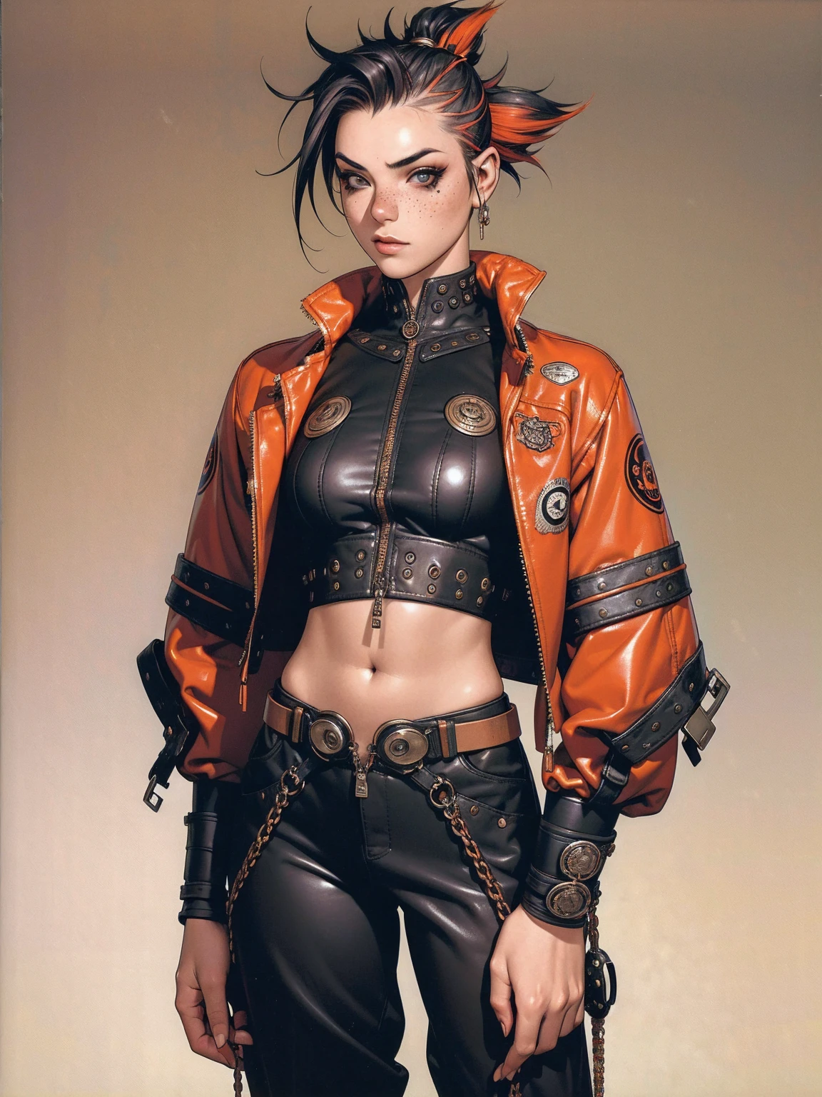 (((best qualityer))), (((manga strokes))), (((freckles))), (((colorful irregular punk hair))), (((Mohawk hair))), jacket with rivets and screws, uma Kizi jovem muito bem vestida com roupas modernas de inverno, (((pants with red and black zig-zag pattern))), top with vertical stripes, short jacket with dark fur collar, beautiful and expressive face, slightly-smile, big eyes with long black eyelashes, heavy make-up, chains and zippers spread across clothes, contrasting colours, pose de atitude, hair with a modern and futuristic cut, urban game poster art, dramatic camera angles, graffiti art elements in the background, design mixing contemporary and retro by Shepard Fairey, (((cowboy shot))), (((best qualityer: 1.4))), (Unbeatable masterpiece), (hiper HD),(CG 8k hyper-realistic), Kizi, (((standing alone))), pirralha violent, (((14歳))), sexly, pose de atitude, work of art, post-apocalypse, (((manga style))), bounty hunter, violent, Manic, the way you want, slenderbody, thin but strong, perfectbody, roupa moderna, advanced technology, neon, sleeves with vertical striped pattern, neutral background, (( cowboy shot )). intricate visual