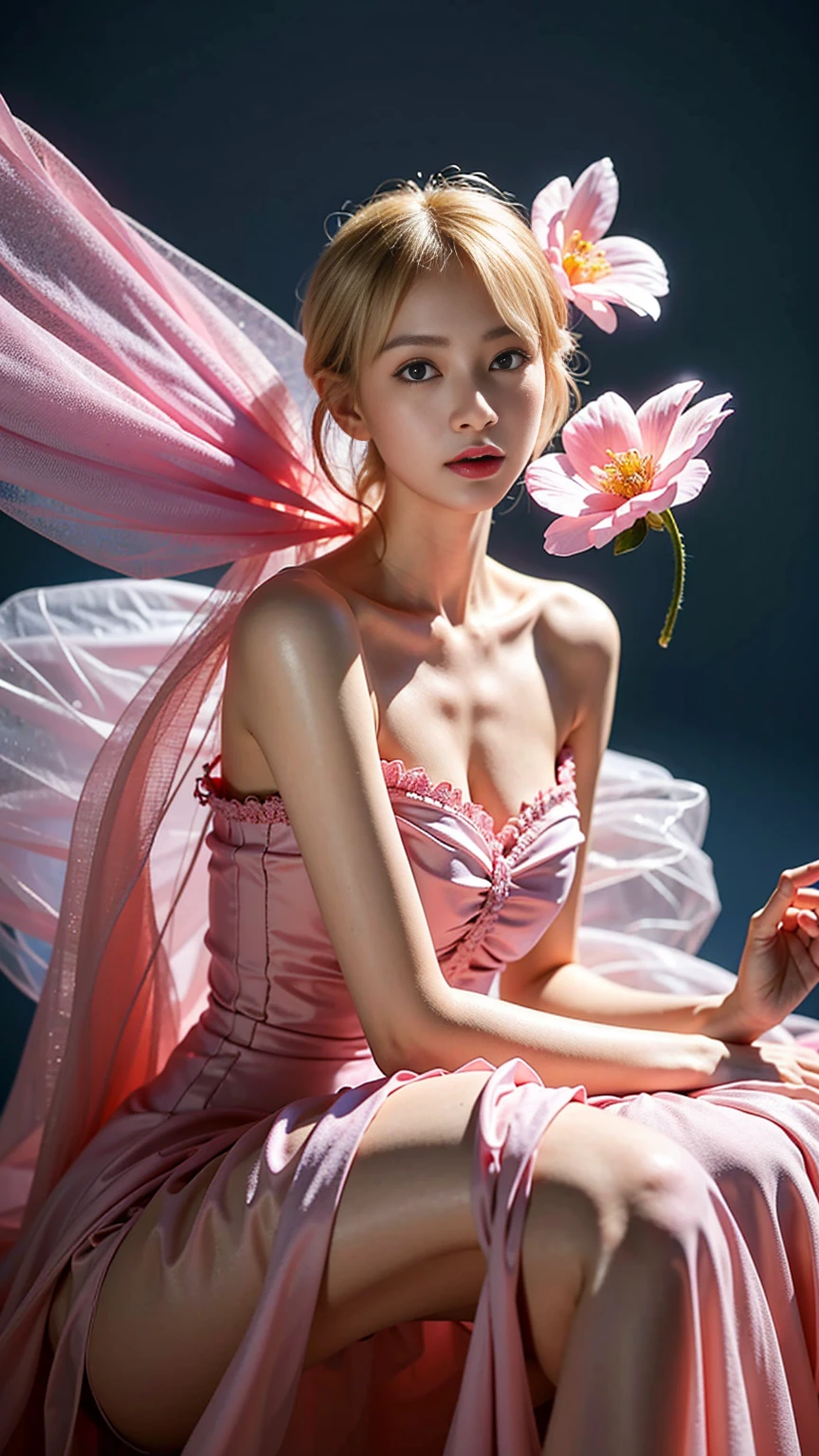 blond woman in 핑크빛 옷 holding a flower in her hand, dressed in a pink outfit, wearing an organza gown,  wearing ballroom gowns,  Stylish editorial photography, official valentino editorial, translucent dress, Subtle and dreamy, celestial fairy tale, very subtle, dreamy and heavenly,lots of merlot, official dior editorial, 1 woman,