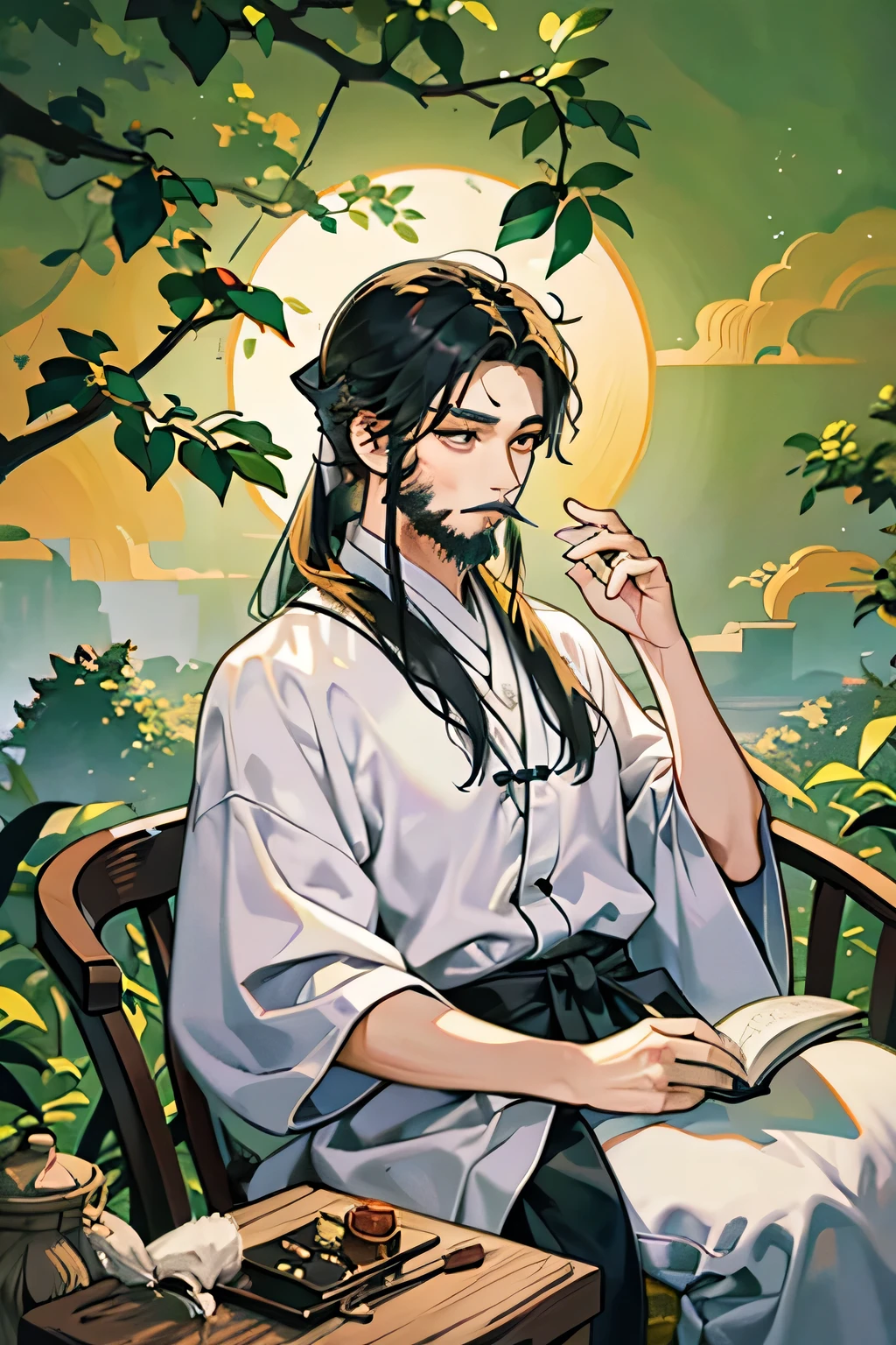In the ancient Chinese landscape、Confucius sat in a circle with his disciples、A scene of deep discussion。Confucius had a long beard、Wearing traditional clothing、The disciples are listening to the lecture with different expressions on their faces.。Bamboo forests and ancient buildings can be seen in the background.。