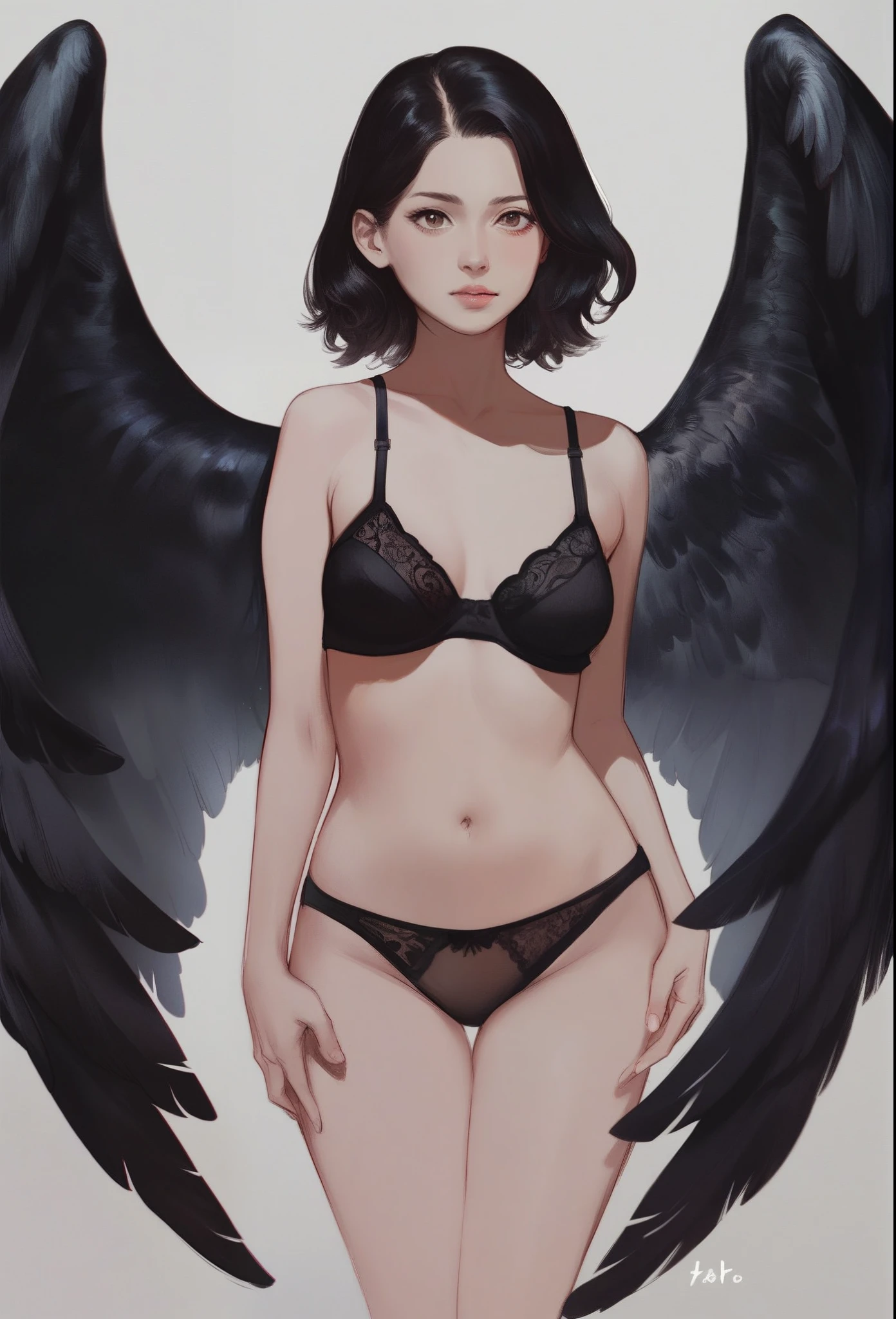 (score_9, score_8_up, score_7_up, score_6_up, score_5_up, score_4_up), a girl, medium hair, chest length hair, dark red hair, brown eyes, standing, on the floor, long black wings, big wings, model, posing, black bra, black panties, OverallDetail, Expressiveh, p1nkh0rr0r