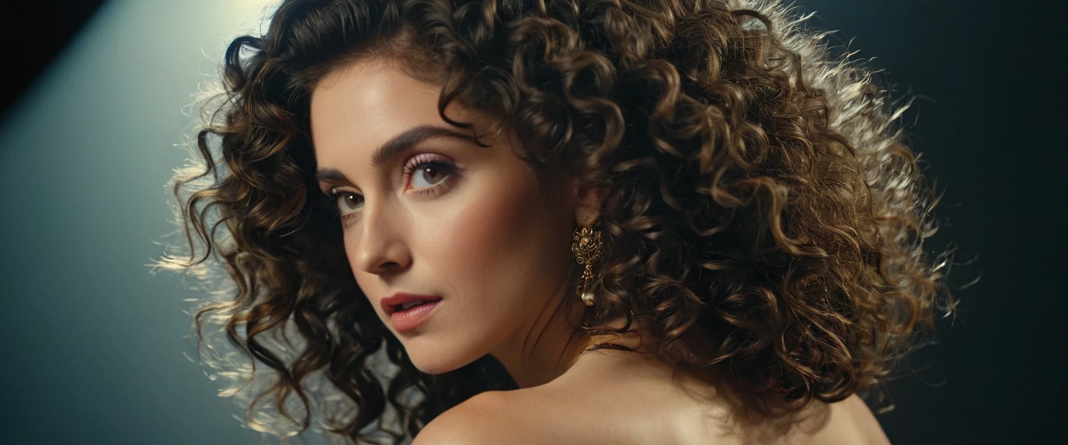 Center, Half Body of  A passionately exciting with a faint smile [Woman:Maude Adams:0.1],  rear view,   Dark curly Hair,Half Body,, ultra-detailed, film photography, light leaks, Larry Bud Melman, trending on artstation, sharp focus, studio photo, intricate details, highly detailed, by greg rutkowski
