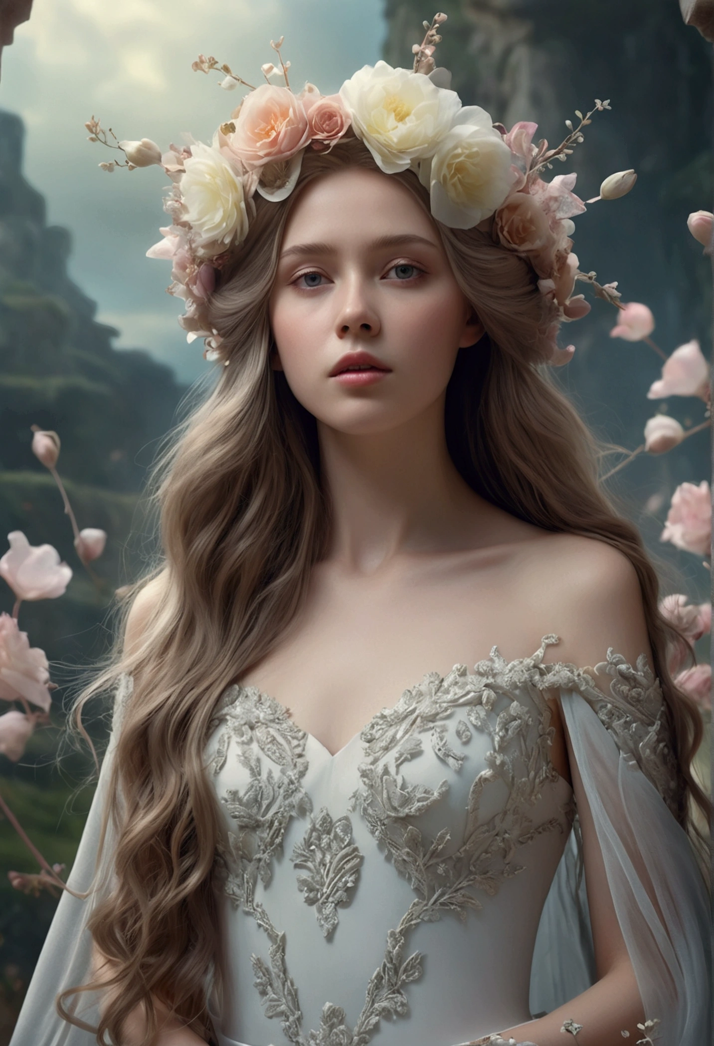 A beautiful woman in a surreal landscape, ethereal and flowing, 1girl, intricate floral crown, long flowing hair, delicate features, porcelain skin, serene expression, flowing dress, petals drifting through the air, dreamlike fantasy, muted color palette, soft lighting, (best quality,4k,8k,highres,masterpiece:1.2),ultra-detailed,(realistic,photorealistic,photo-realistic:1.37),digital art, surreal portrait