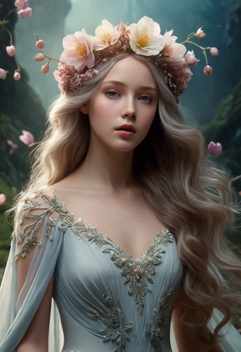 A beautiful woman in a surreal landscape, ethereal and flowing, 1girl, intricate floral crown, long flowing hair, delicate features, porcelain skin, serene expression, flowing dress, petals drifting through the air, dreamlike fantasy, muted color palette, soft lighting, (best quality,4k,8k,highres,masterpiece:1.2),ultra-detailed,(realistic,photorealistic,photo-realistic:1.37),digital art, surreal portrait