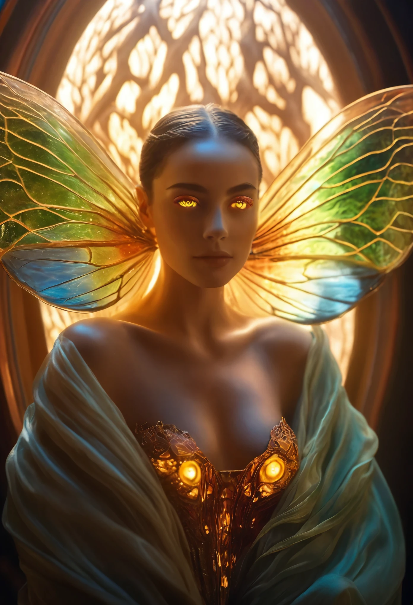 1 beautiful female alien creature emerging from a cocoon, detailed beautiful face like cute girl and body, from back, (glowing eyes, glowing skin:1.5), intricate organic details, translucent wings, symmetrical face, ethereal lighting, cinematic, vibrant colors, digital art, highly detailed, 8k, photorealistic, whole body, Floating in the air