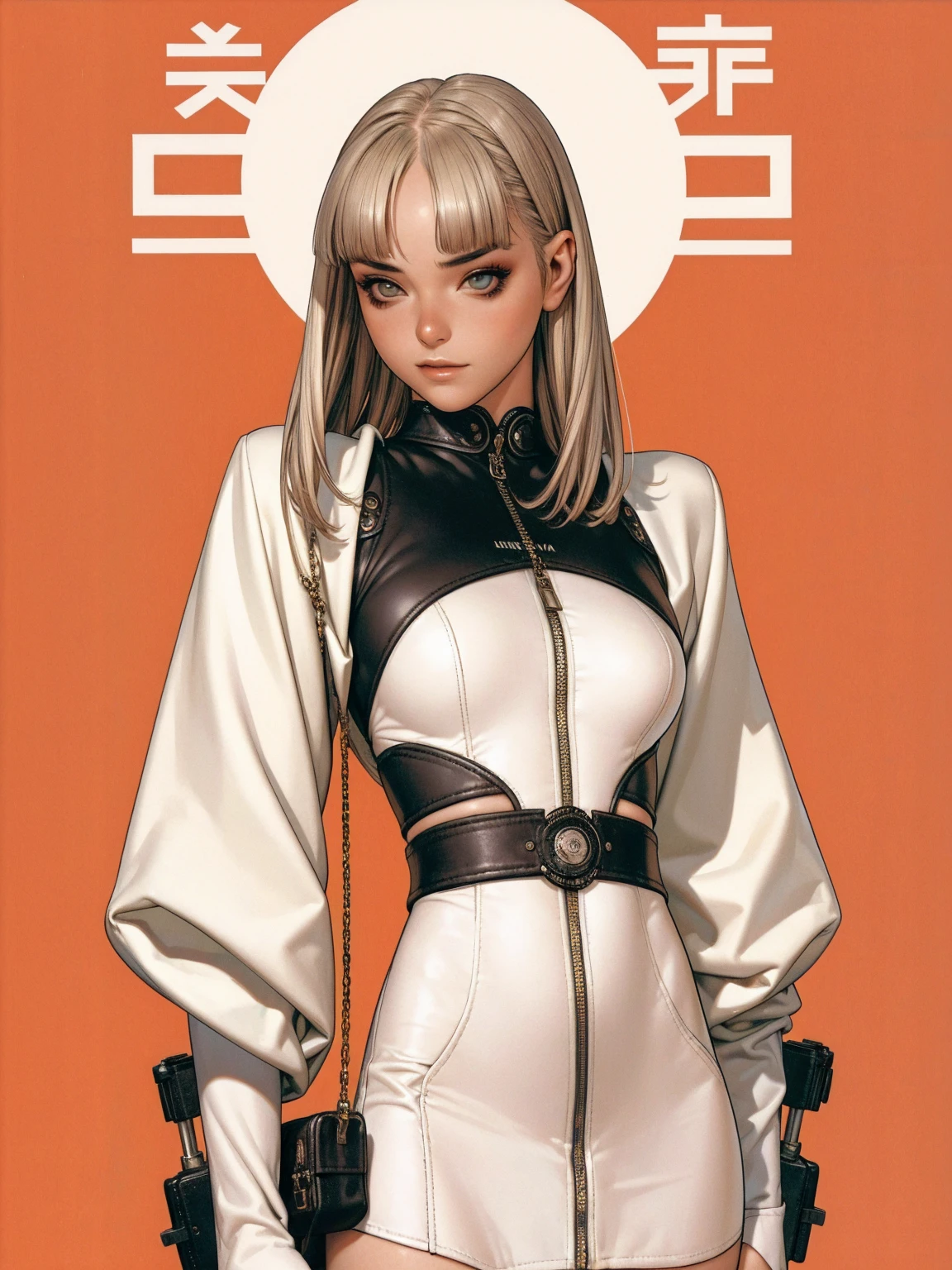 (best qualityer))), (((manga strokes))), (((white bob hair with straight bangs and brown highlights))), (((printed dental floss))), uma Kizi jovem muito bem vestida com roupas modernas de inverno, top gift vertical stripes, short jacket with dark fur collar, beautiful and expressive face, slightly-smile, big eyes with long black eyelashes, heavy make-up, chains and zippers spread across clothes, contrasting colours, pose de atitude, hair with a modern and futuristic cut, urban game poster art, dramatic camera angles, graffiti art elements in the background, design mixing contemporary and retro by Shepard Fairey, (((cowboy shot))), (((best qualityer: 1.4))), (Unbeatable masterpiece), (hiper HD),(CG 8k hyper-realistic), Kizi, (((standing alone))), pirralha violent, (((14歳))), sexly, pose de atitude, work of art, post-apocalypse, (((manga style))), bounty hunter, violent, Manic, the way you want, slenderbody, thin but strong, perfectbody, roupa moderna, advanced technology, neon, sleeves with vertical striped pattern, neutral background, (( cowboy shot )). intricate visual