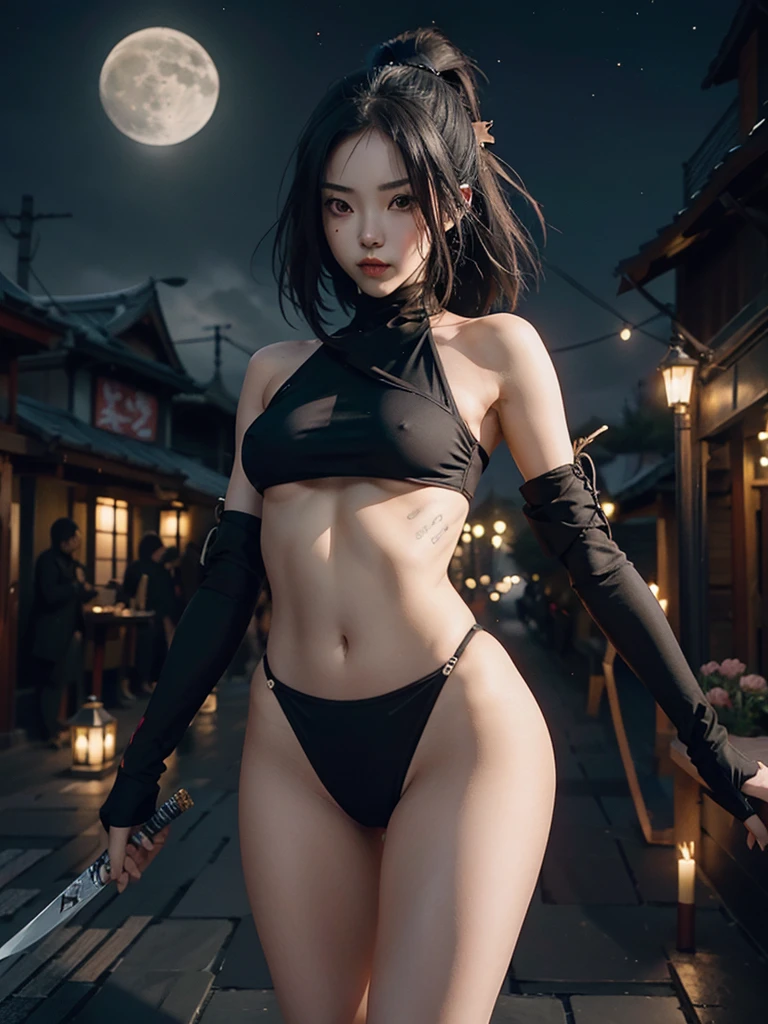 Young Woman, Ninja, Transparent Body(black), Kabuki Mask, Dagger, Jumping, Rooftops, Nahct, Moon and Stars, Sexy, Underboob, Transparent Pussy,