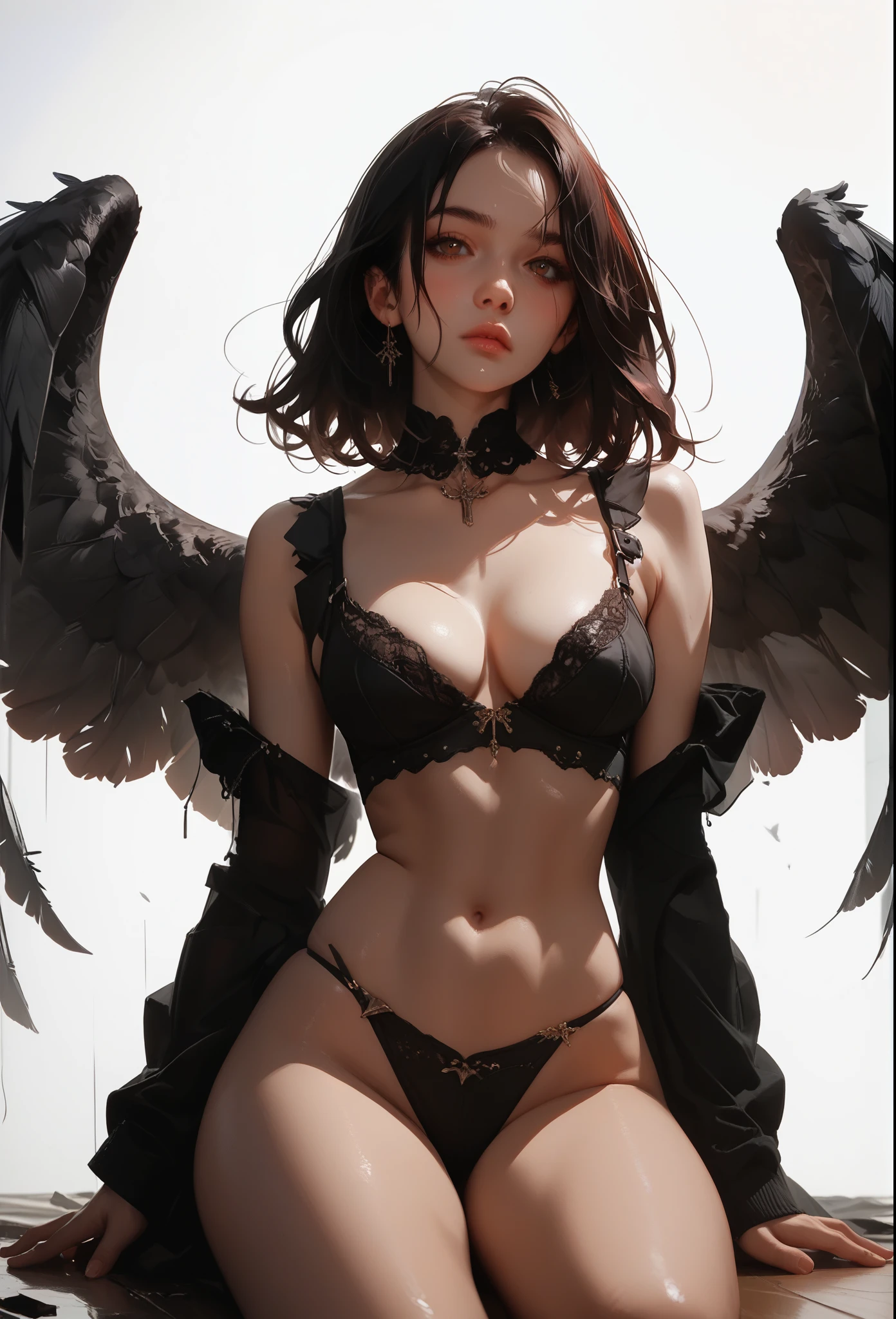 score_9, score_8_up, score_7_up, score_6_up, score_5_up, score_4_up, a girl, medium hair, chest length hair, dark red hair, brown eyes, standing, on the floor, long black wings, big wings, model, posing, black bra, black panties, expressiveH, (SuperQuality:1.0) ~ (SuperQuality:1.2)