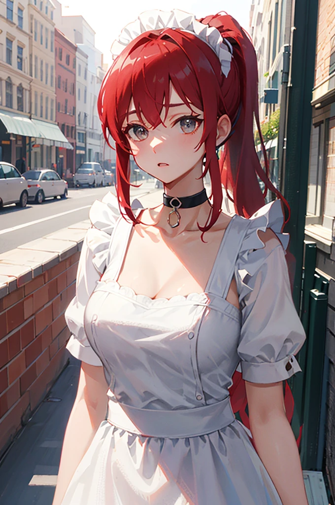 ultra closeup, Only the upper body is visible, [[[[[[1 woman]]]]]] {{{ponytail hair}}},  long hair, red hair, gray eyes animation, Breasts slightly larger, medium hips, choker, shy, maid uniform, choker, standin, very detailed, 8k, Cafe Background, Inside the cafe