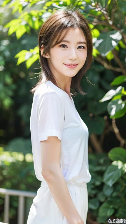 最high quality, 8k, Vibrant, Sharp focus, high quality, High resolution, Middle-aged women, Mature Woman, 49 years old, (Whole Body Ezbian), (Facial details in high heels, Highly detailed eyes, Thick lips, Whole body shape、Plump face、(( 1.6))、Big Ass、Beautiful views、Outdoor,Are standing,White T-shirt,Hairstyle is free、A kind smile、sunlight,