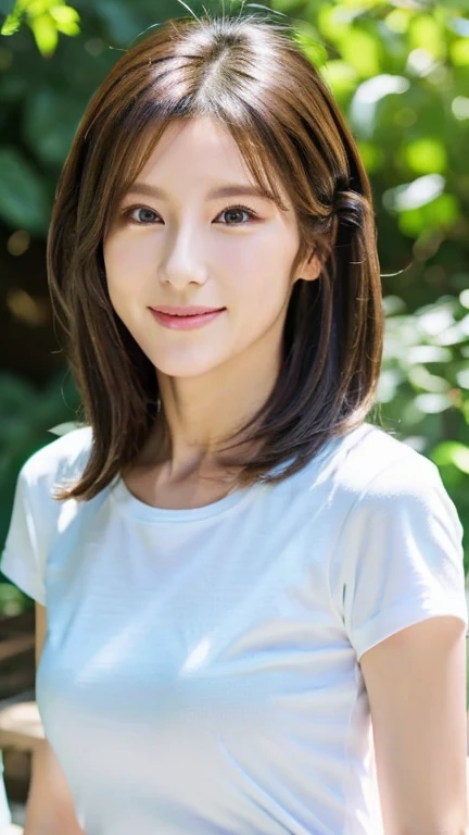 最high quality, 8k, Vibrant, Sharp focus, high quality, High resolution, Middle-aged women, Mature Woman, 49 years old, (Whole Body Ezbian), (Facial details in high heels, Highly detailed eyes, Thick lips, Whole body shape、Plump face、(( 1.6))、Big Ass、Beautiful views、Outdoor,Are standing,White T-shirt,Hairstyle is free、A kind smile、sunlight,