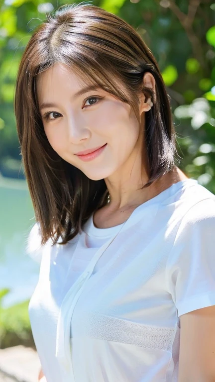 最high quality, 8k, Vibrant, Sharp focus, high quality, High resolution, Middle-aged women, Mature Woman, 49 years old, (Whole Body Ezbian), (Facial details in high heels, Highly detailed eyes, Thick lips, Whole body shape、Plump face、(( 1.6))、Big Ass、Beautiful views、Outdoor,Are standing,White T-shirt,Hairstyle is free、A kind smile、sunlight,