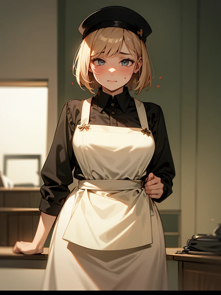 (Sumilux f1.4 50mm , low Latitude old color negative film , cross process , bokeh, flare, chromatic aberration , soft focus, (Shallow focus) , soft glow , Maximum aperture, low Key , Transparent depiction) , comedy cartoon style , coquettish , Clumsy Cafe clerk girl , blouse, apron, skirt , heart is beating fast with anticipation , Drop and break dishes