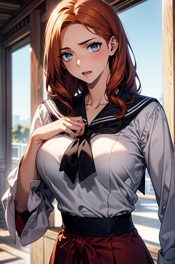 Masterpiece,Highest quality,8k,Ultra-high resolution,appropriate margins,lighting,Depicted from the waist up,BREAK,(1 person),Very beautiful college student,Slim body,(The richest big breasts),Deep cleavage,Moisturized Skin,BREAK,(Orange Hair),Forehead,mascara,Red eyeliner,Light pink lip,Thin teak,Thin eyebrows,BREAK,Light blue eyes,BREAK,Bright expression,Open your mouth a little,BREAK,A little long hair,Unshaven,BREAK,(Sailor suit),(),BREAK,Eye contact