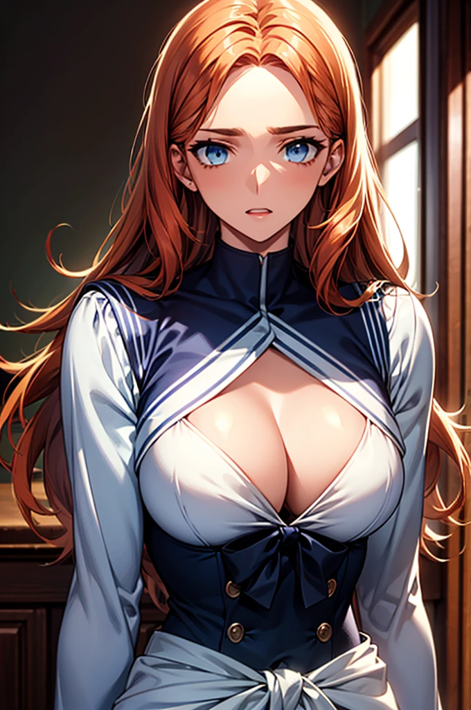 Masterpiece,Highest quality,8k,Ultra-high resolution,appropriate margins,lighting,Depicted from the waist up,BREAK,(1 person),Very beautiful college student,Slim body,(The richest big breasts),Deep cleavage,Moisturized Skin,BREAK,(Orange Hair),Forehead,mascara,Red eyeliner,Light pink lip,Thin teak,Thin eyebrows,BREAK,Light blue eyes,BREAK,Bright expression,Open your mouth a little,BREAK,A little long hair,Unshaven,BREAK,(Sailor suit),(),BREAK,Eye contact