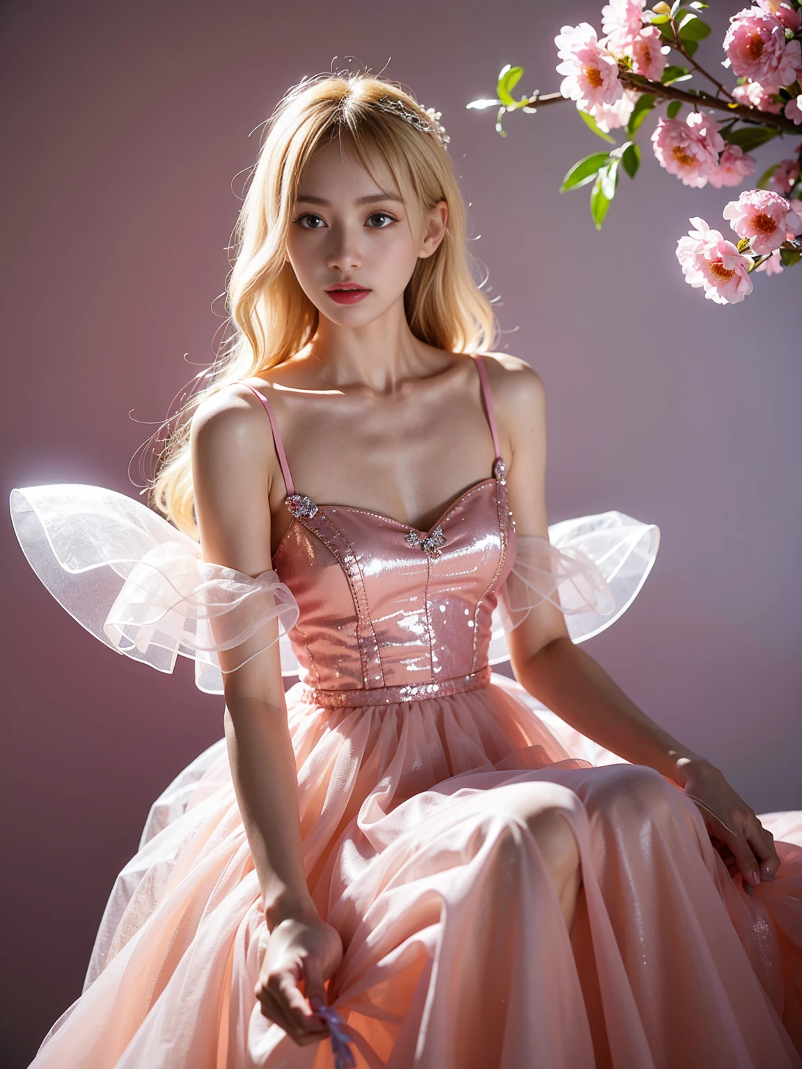 blond woman in 핑크빛 옷 holding a flower in her hand, dressed in a pink outfit, wearing an organza gown, wearing ballroom gowns, Stylish editorial photography, official valentino editorial, translucent dress, Subtle and dreamy, celestial fairy tale, very subtle, dreamy and heavenly,lots of merlot, official dior editorial