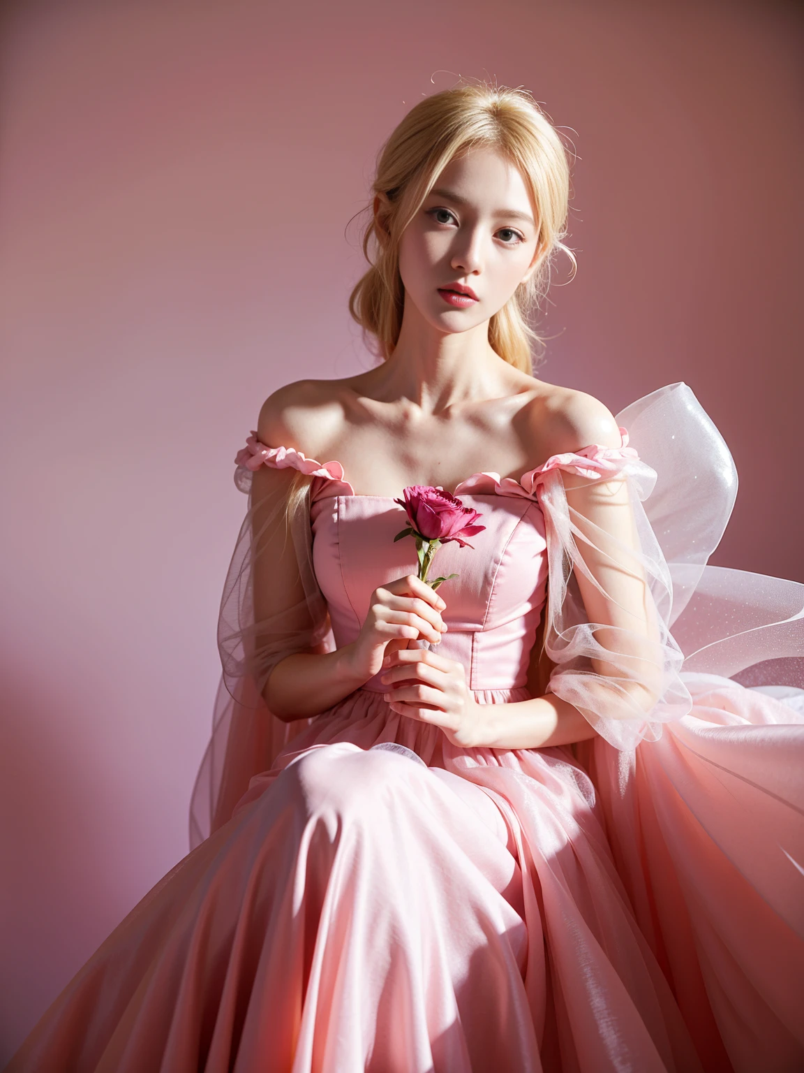 blond woman in 핑크빛 옷 holding a flower in her hand, dressed in a pink outfit, wearing an organza gown, wearing ballroom gowns, Stylish editorial photography, official valentino editorial, translucent dress, Subtle and dreamy, celestial fairy tale, very subtle, dreamy and heavenly,lots of merlot, official dior editorial