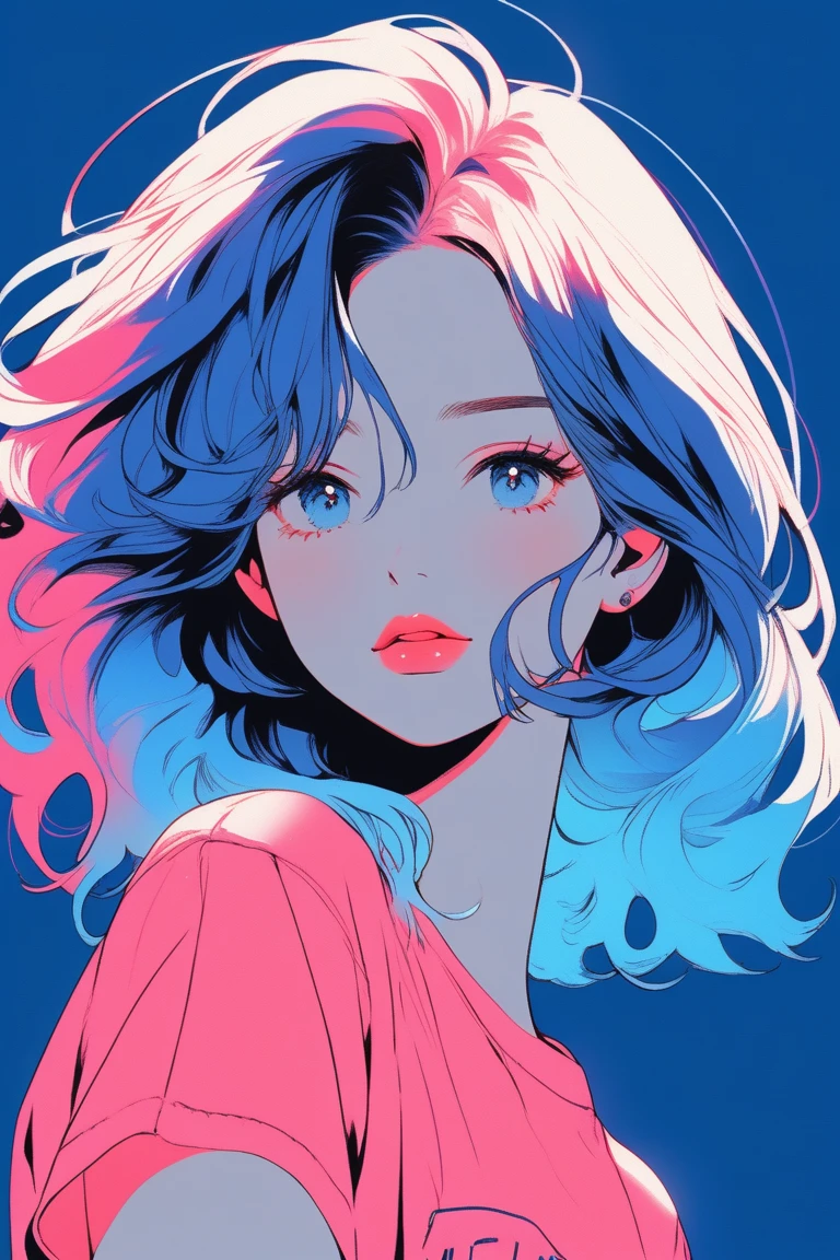 Illustrator, anime, Realistic ,sketch, One girl, lip, T-Shirts,order, Blue gradient background, Neon Hair,textured crop, (masterpiece,Highest quality)