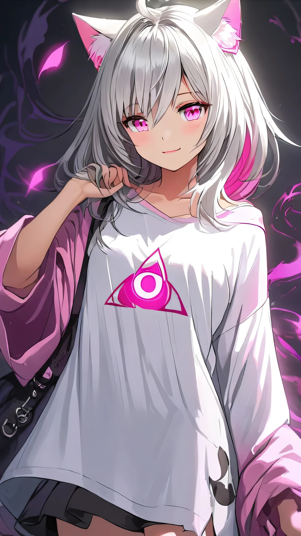 Medium chest,pretty girl, bewitching smile,Longing eyes,Cat ear, Beautiful silver hair,Pink inside,Beautiful pink eyes,Oversized shirt,skirt