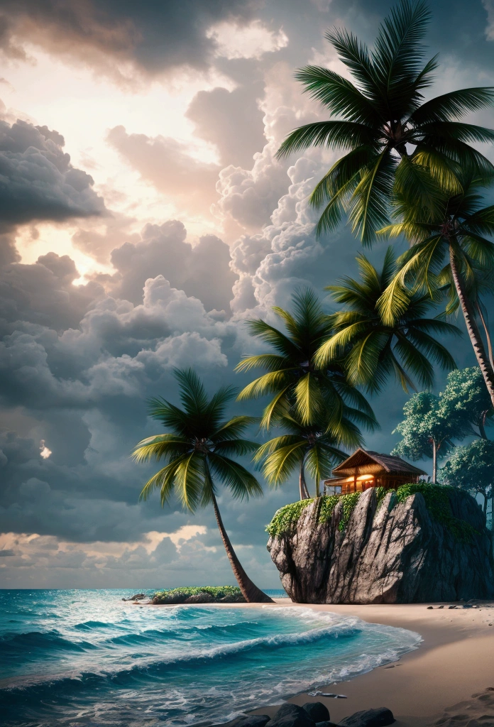tropical island, stormy wheather, standing next to the shore, ultra realistic