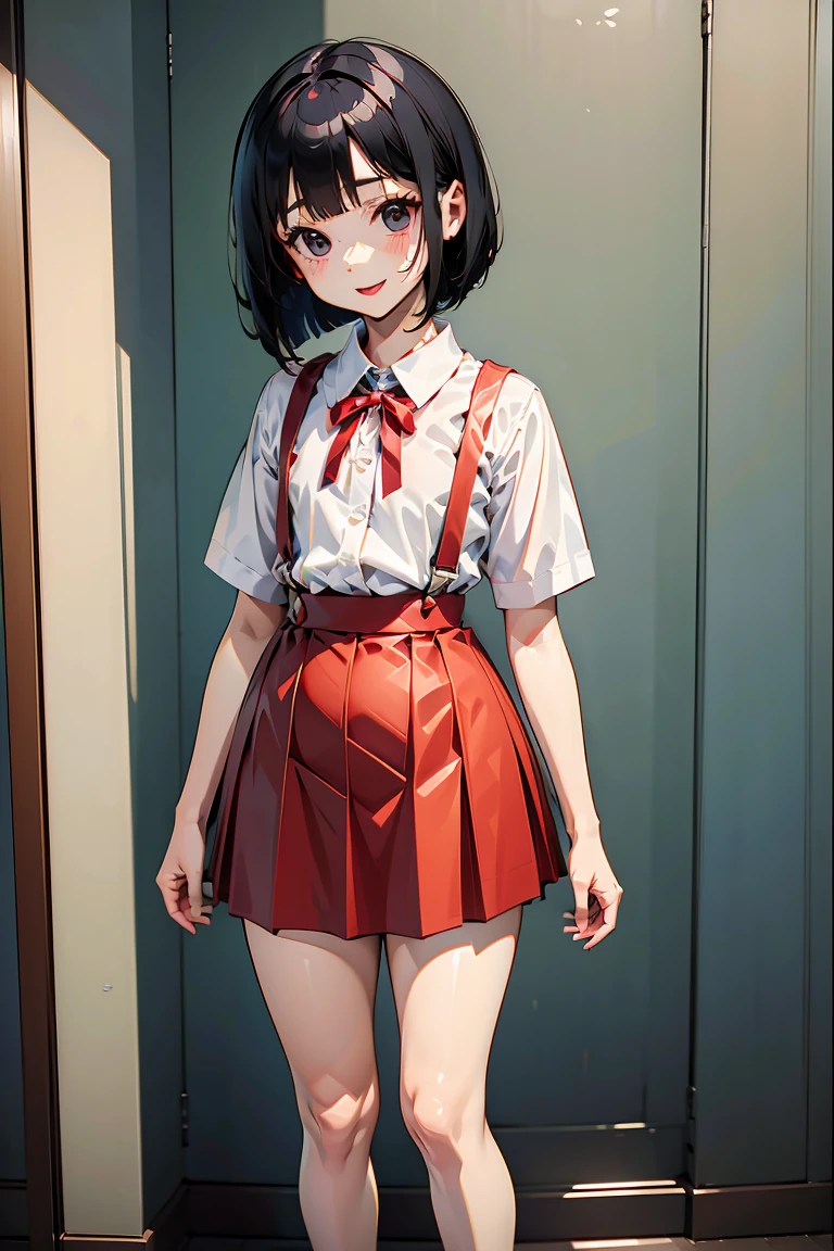 1 girl, echo-san, social shirt, manga curta, red suspended skirt, blush, :d, bob cut, Bblack hair,