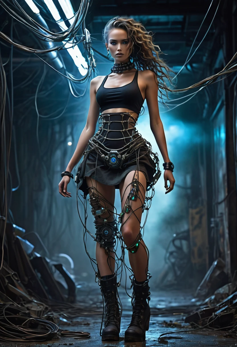 Create the image of a beautiful woman with a slender and long form. The figure has a smooth and distinctive head with long skull-like hair that curls back like ropes. It appears to be robotic or robotic in nature; There are visible neon lights, wires and mechanical parts with muscles on a person. The figure is dressed in tattered clothes around the waist, resembling a skirt or apron, and stands on two booted legs. One of its arms ended in a large, claw-like fang, while the rest appeared to have been replaced by some kind of device or weapon. All beauty is dark and brooding; A post-apocalyptic or horror setting is suggested. Real photo with 32K resolution