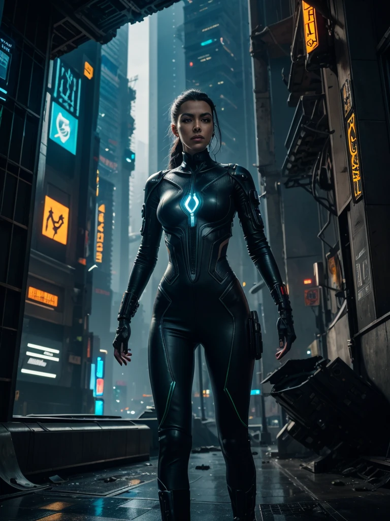 a futuristic cyberpunk woman while she searches a semi-destroyed alien city, within the city walls some mysterious alien symbols can be glimpsed,hyper-realistic, cinematic, 8k, ultra-detailed, masterpiece, intricate-details, photo-realistic, first-floor