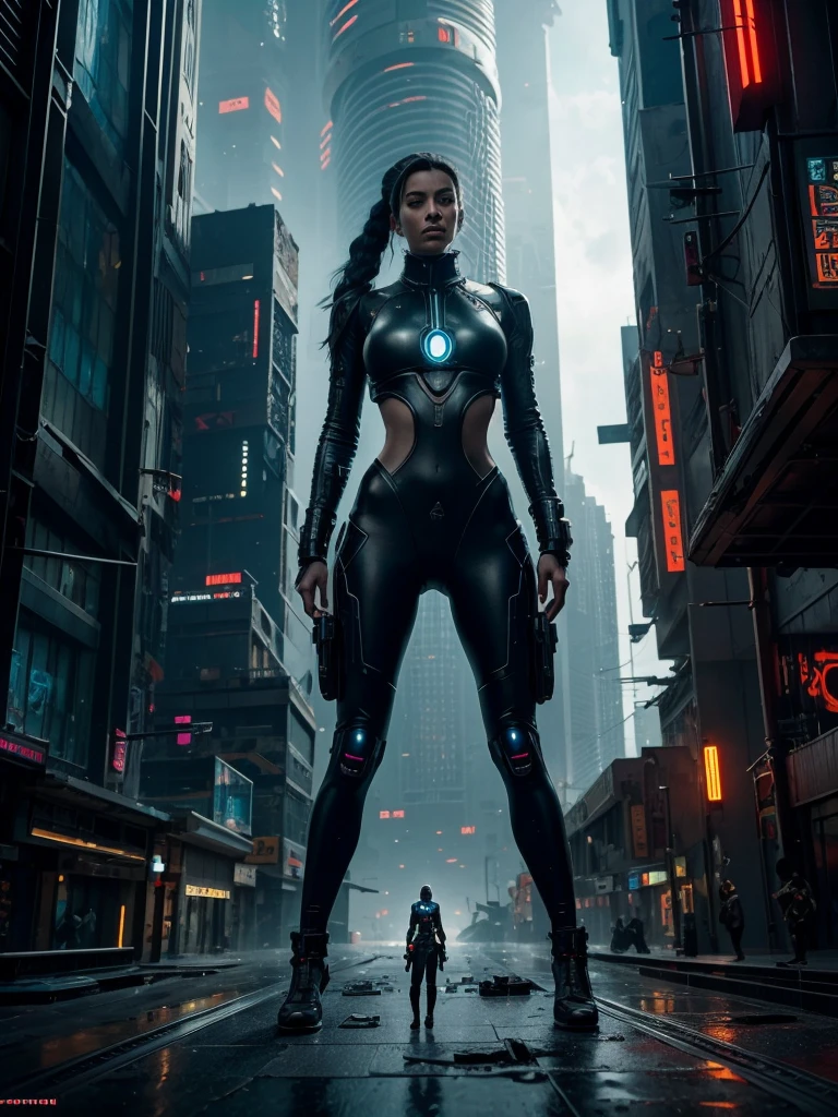 Buddha(played by scarlet Johansson), Meditation in the middle of the metropolis, Cyberpunk city, Cyberpunk meditation